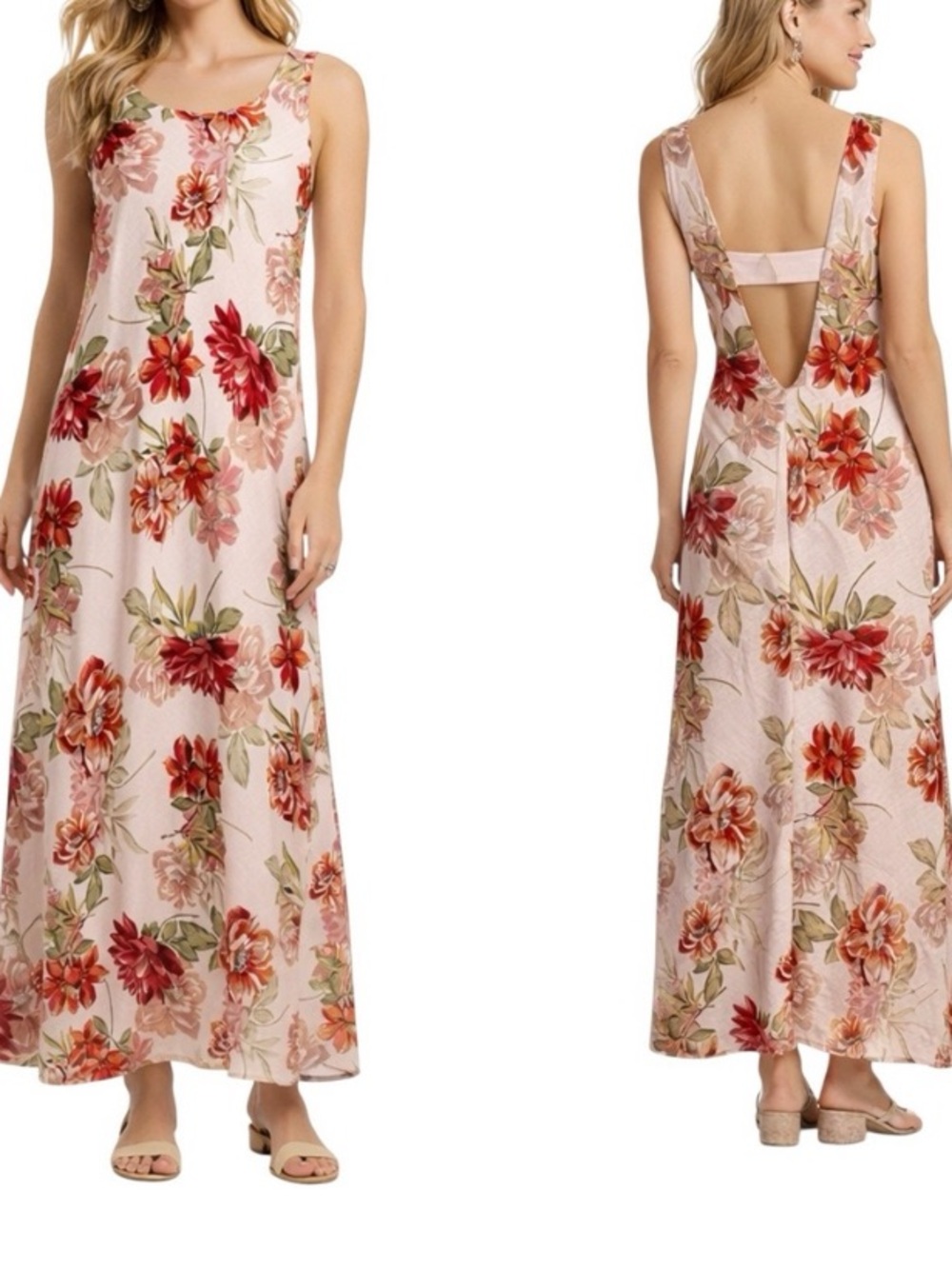 Maxi Dress Linen Blend Open Back floral pink Sleeveless S paper heart
